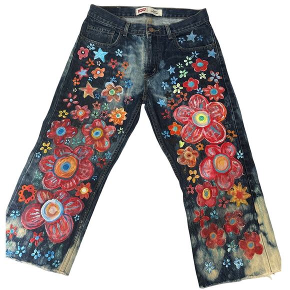 Levi's Denim - Levi's 501 Straight Cropped Cutoff Hand Painted Denim Jeans W30